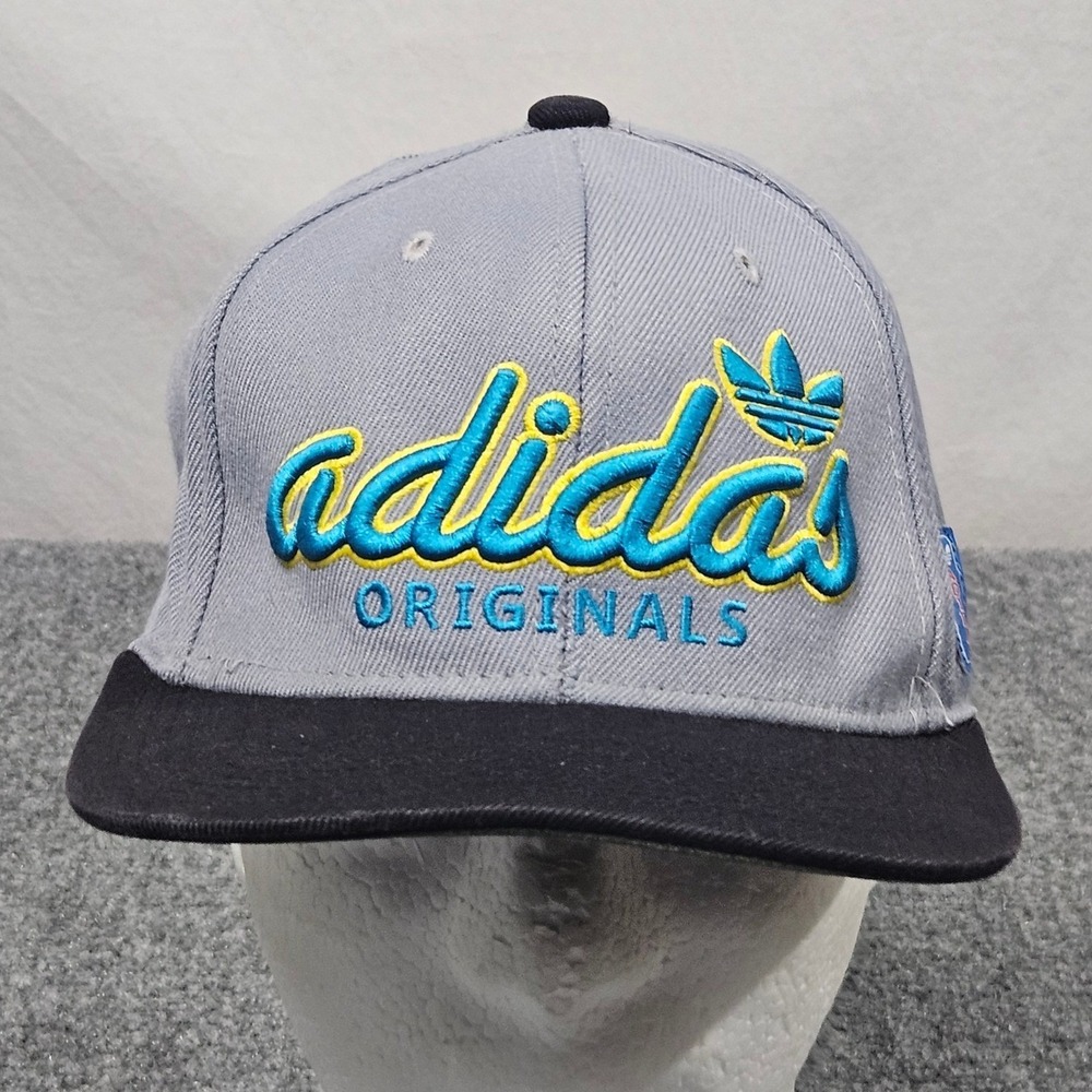 Adidas Originals Hat Grey Snapback Flat Brim Trefoil Script Logo Cap Streetwear‎